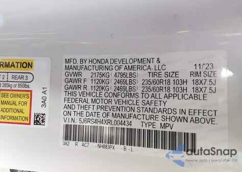 2024 Honda Cr-V Ex Awd z USA, uszkodzony, nr VIN 5J6RS4H4XRL004434